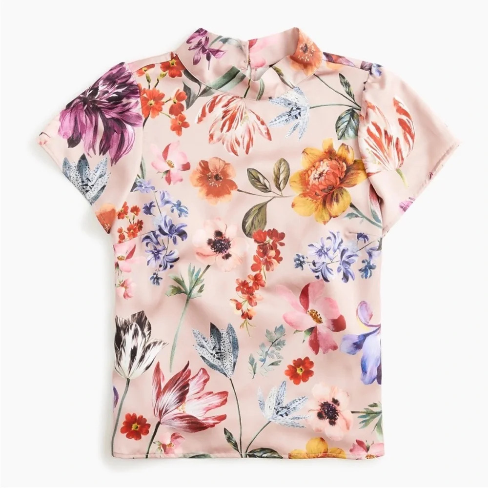 J. Crew Blush Pink Floral Mock-Neck Short-Sleeve Blouse